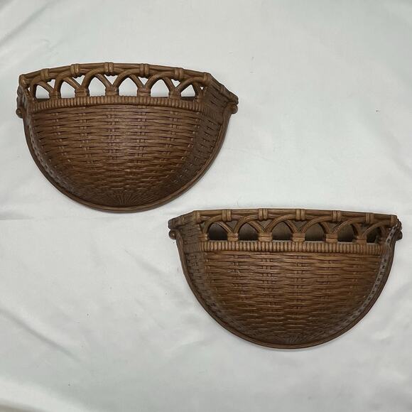Vtg Homco Brown Faux Wicker Wall Pocket Decor Planter Set 2 Granny Cottage Decor - Picture 3 of 8